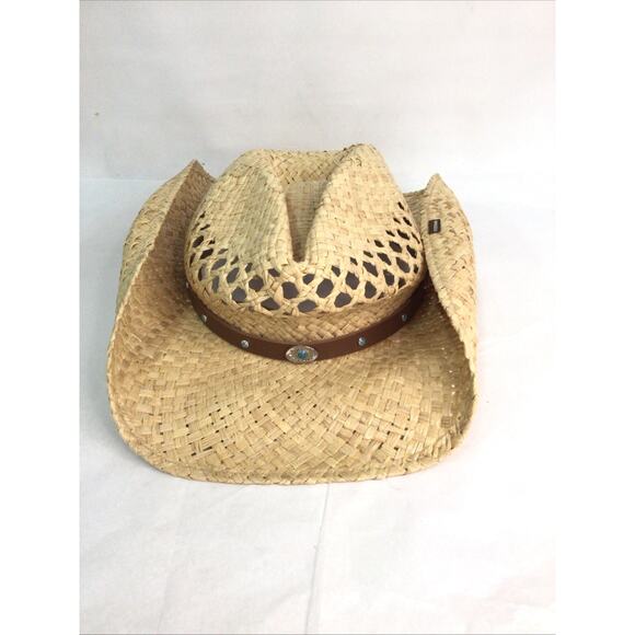 Stetson Mens Madrid Straw Cowboy Hat Turquoise Band Natural Size Small - Picture 1 of 8